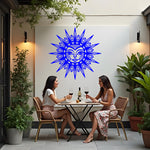 Celestial Majesty metal wall art in Blaze Blue Gloss, adding a vibrant, royal blue tone to the intricate celestial sun design, perfect for modern spaces.