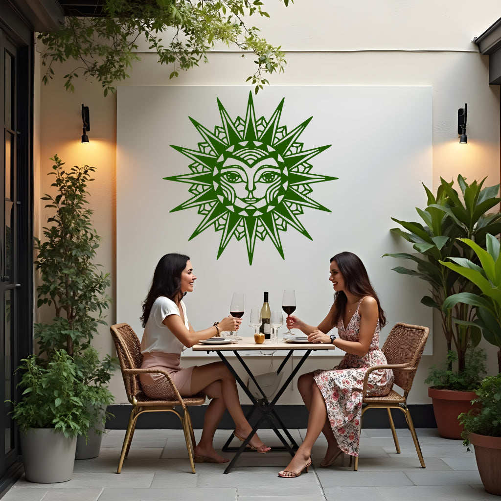 Celestial Majesty metal wall art in Mistletoe green, showcasing a lush green finish paired with a radiant sunburst pattern, ideal for garden accents.