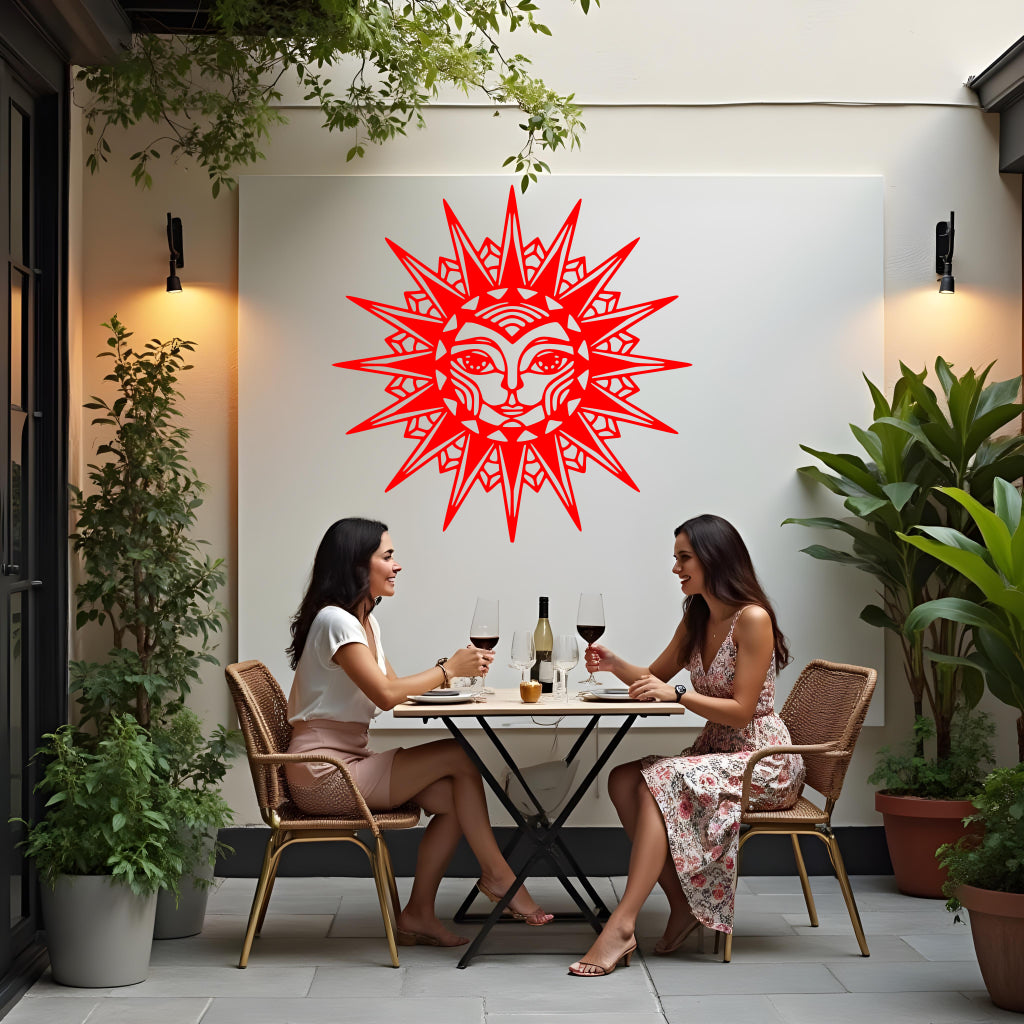 Celestial Majesty metal wall art in Signal Red, featuring vibrant red tones with intricate sunburst artwork to energize and brighten spaces.