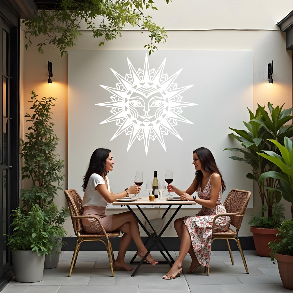 Celestial Majesty metal wall art in Bright White Gloss, showcasing a detailed sun motif with a clean, modern finish for striking indoor or outdoor decor.