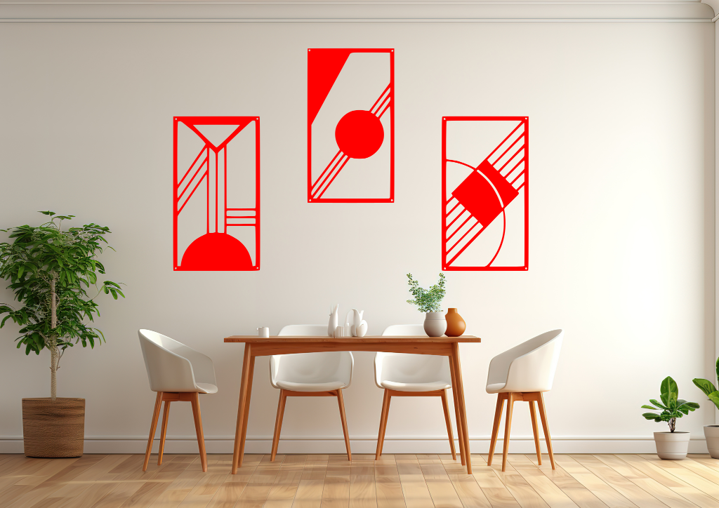 A three-piece minimalist metal wall art set from the 'Serenity in Simplicity' collection, featuring geometric designs of clean lines and abstract shapes, finished in Signal Red powder coating. The artwork is mounted on a dining room wall above a simple wooden table with white chairs, creating a modern and calming aesthetic