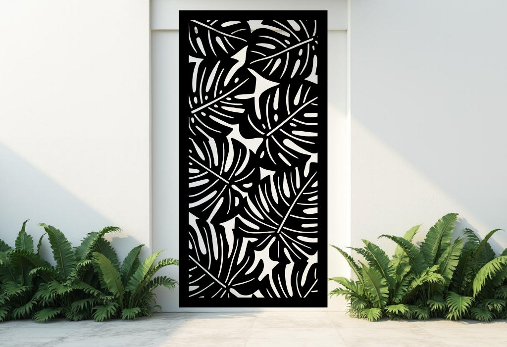 Monstera privacy panel in Night Sky Matt Black, delivering bold contrast to enhance any contemporary garden or patio