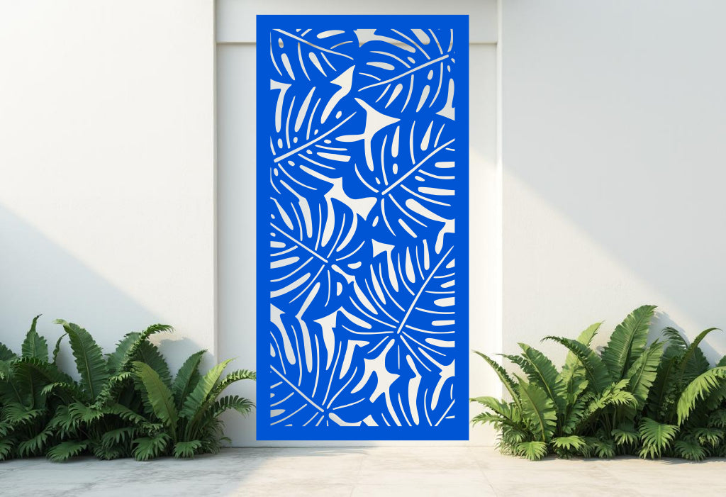 Blaze Blue Gloss Monstera panel, bringing a vibrant tropical energy to poolside areas and garden walls.