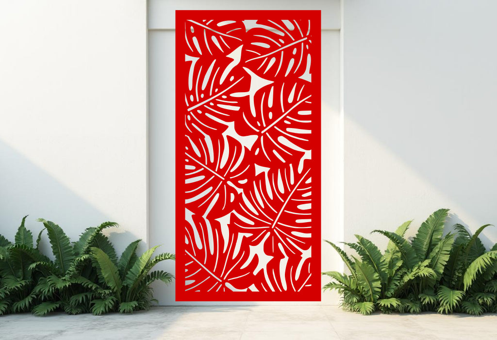 Monstera privacy screen in Signal Red, injecting a pop of lively color into garden and patio designs.