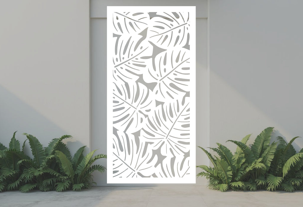 Monstera privacy screen in Bright White Gloss, ideal for minimalist designs with a sleek and airy feel.