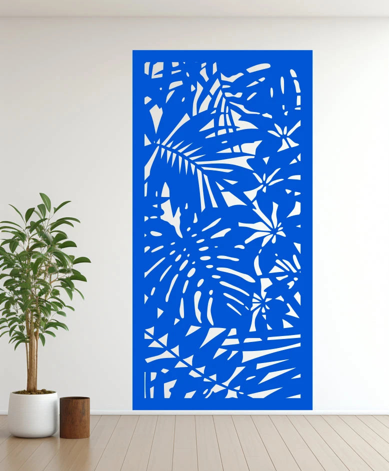 Metal privacy screen titled 'Nature,' featuring a detailed cutout of abstract botanical elements, finished in Blaze Blue Gloss powder coating. The screen is mounted on an indoor white wall, bringing a vibrant and modern touch to the room