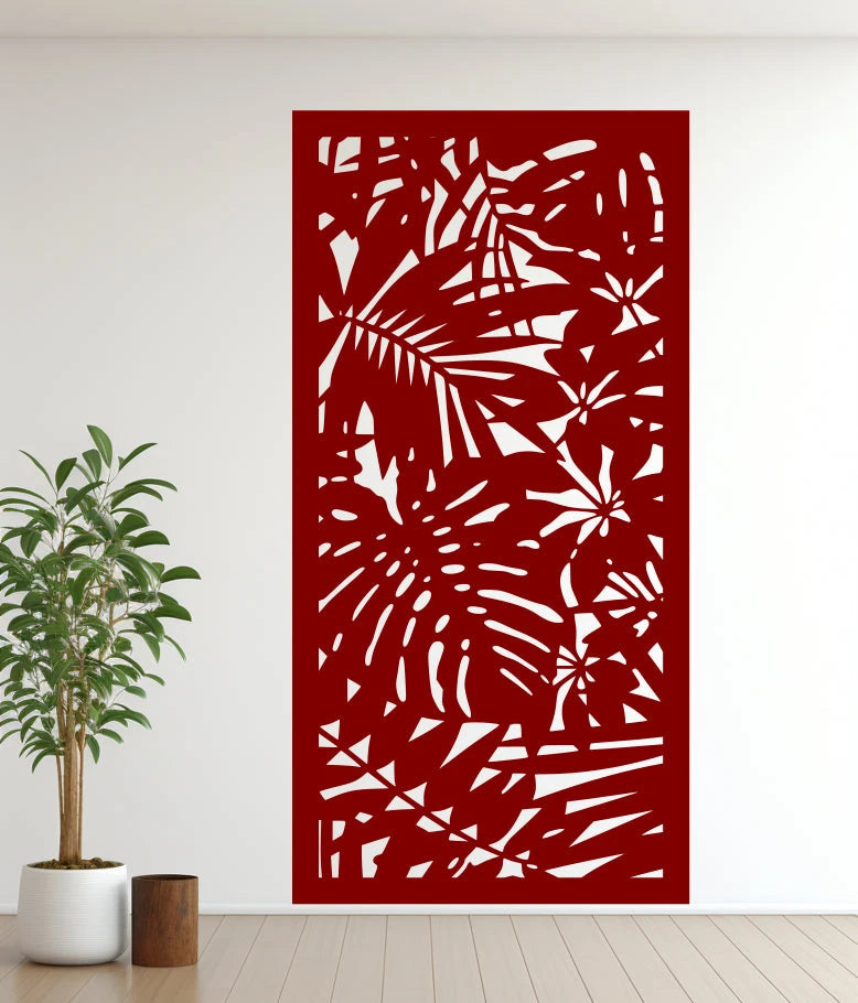 Metal privacy screen titled 'Nature,' featuring a detailed cutout of abstract botanical elements, finished in Manor Red powder coating. The screen is mounted on an indoor white wall, providing a bold and rich accent to the modern interior.