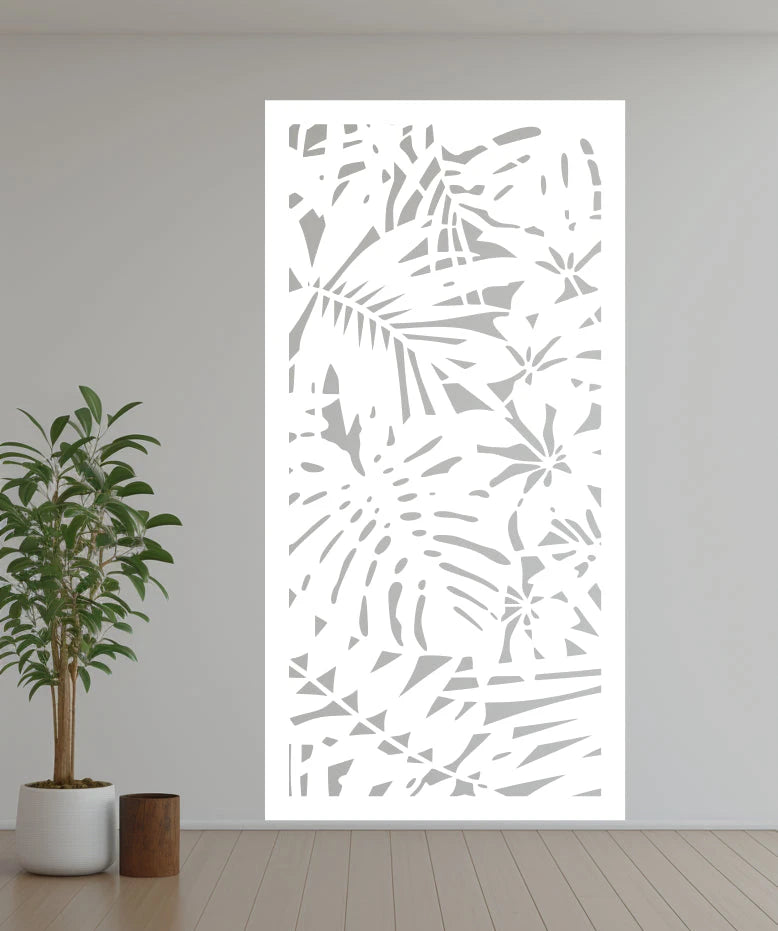 Metal privacy screen titled 'Nature,' featuring a detailed cutout of abstract botanical elements, finished in Bright White Gloss powder coating. The screen is mounted on an indoor white wall, offering a sleek and clean look to the contemporary space.