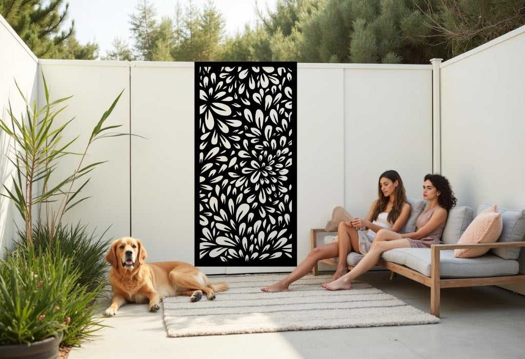 Oasis Dream privacy screen in Night Sky Matt Black, featuring an intricate floral-inspired design that adds a refreshing and serene element to outdoor spaces, ideal for adding both style and privacy to your patio or garden area.