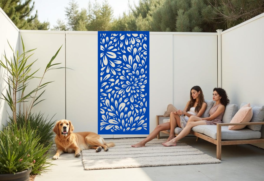 Oasis Dream privacy screen in Blaze Blue Gloss, showcasing a vivid floral-inspired design that adds a splash of color and charm to outdoor spaces, while providing privacy for patios and gardens.