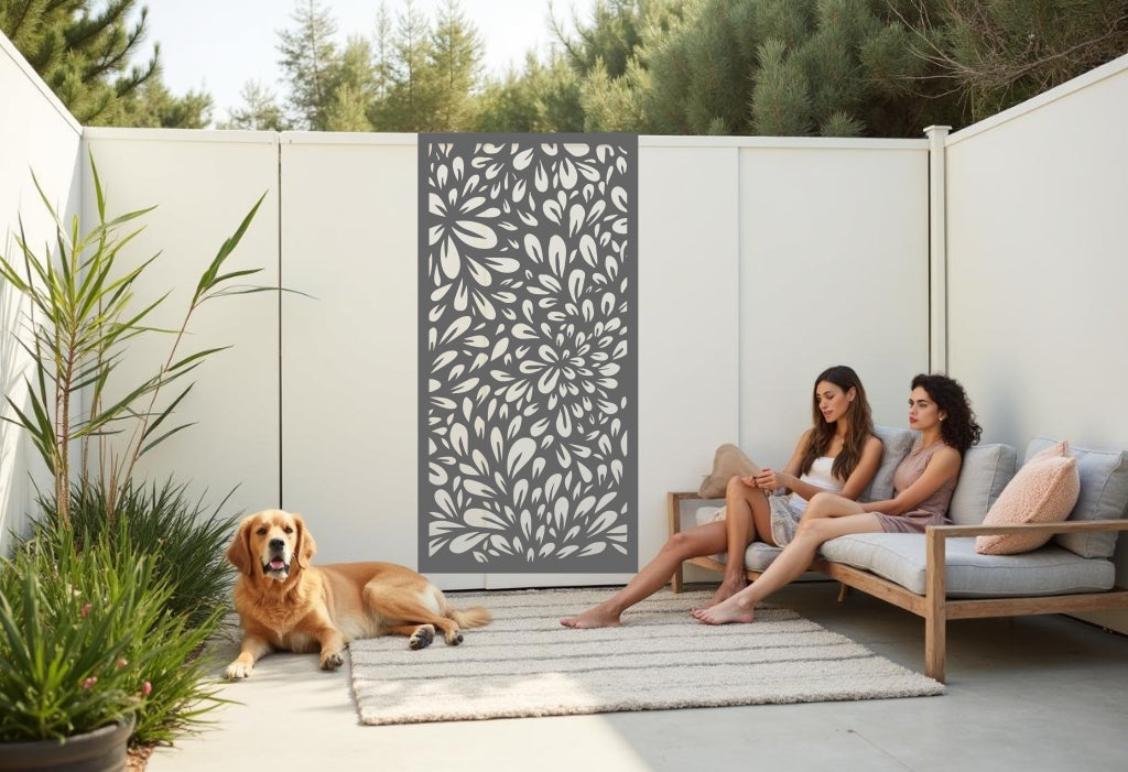 Oasis Dream privacy screen in Berry Grey Gloss, combining floral elegance with a modern grey finish, perfect for adding privacy and a sophisticated touch to outdoor spaces.