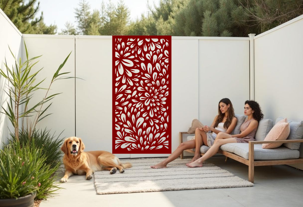 Oasis Dream privacy screen in Manor Red, featuring a bold floral design that makes a striking statement in outdoor spaces, perfect for adding both privacy and vibrancy to your garden or patio area.