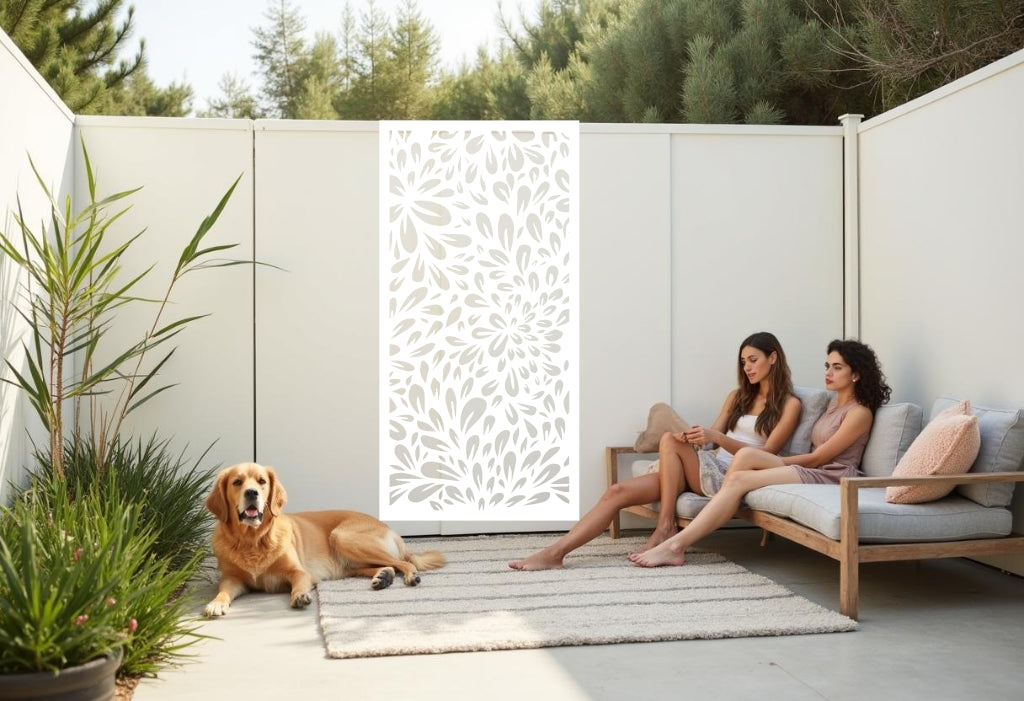 Oasis Dream privacy screen in Bright White Gloss, showcasing a delicate floral design perfect for bringing light and elegance to outdoor spaces, while providing privacy and style for patios and gardens.