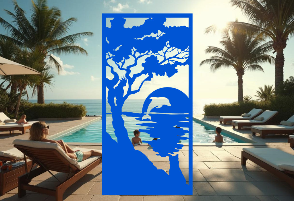 Vibrant Blaze Blue Gloss Sunset Serenity privacy screen, bringing coastal vibes and energy to pool areas and patios