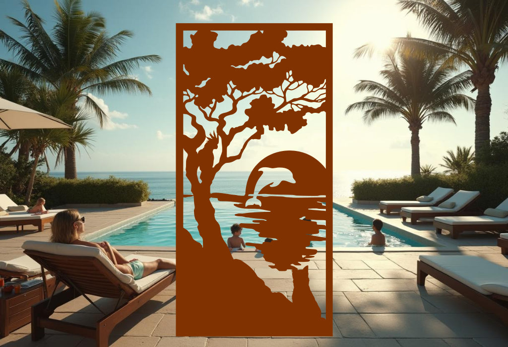 Rust Patina Sunset Serenity panel, creating a vintage aesthetic with weathered charm for outdoor decor.