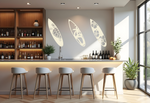 Metal wall art set featuring three surfboards with tropical and marine-themed cutouts, including a turtle, palm trees, and hibiscus flowers, finished in Canola Cream powder coating, mounted on a light wall in a modern home bar, adding a coastal and relaxed atmosphere.