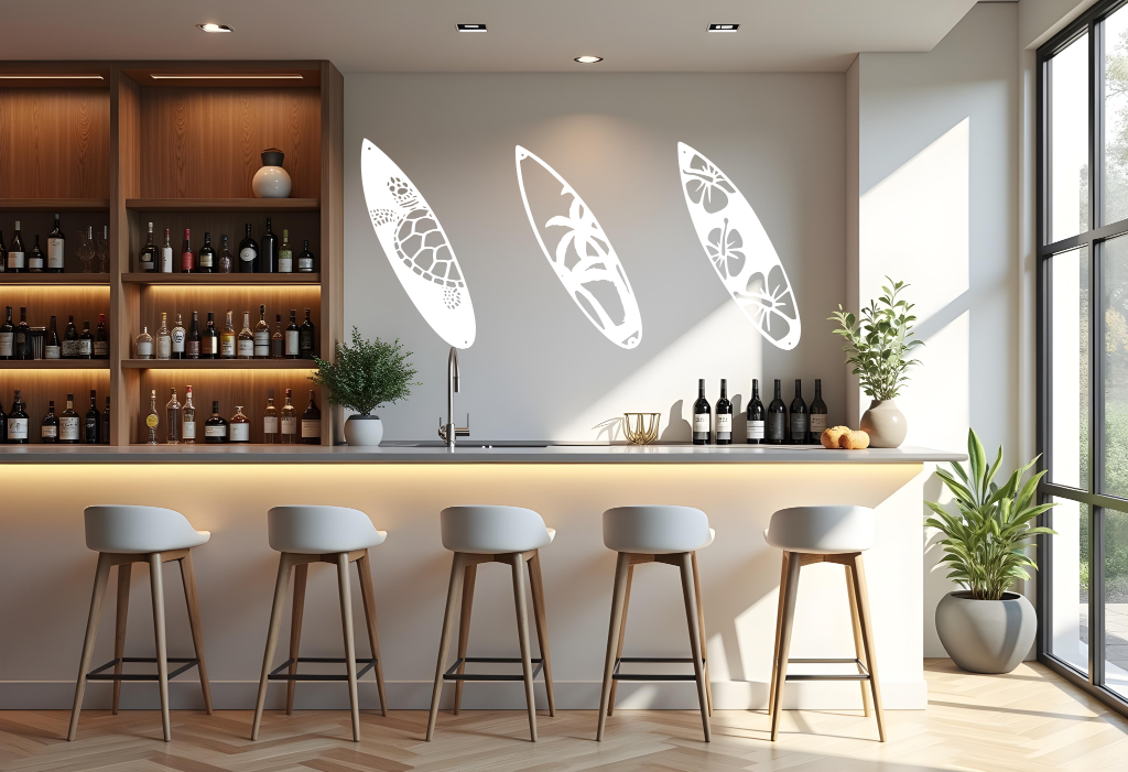 Metal wall art set featuring three surfboards with tropical and marine-themed cutouts, including a turtle, palm trees, and hibiscus flowers, finished in Bright White Gloss powder coating, mounted on a light wall in a modern home bar, adding a coastal and relaxed atmosphere.