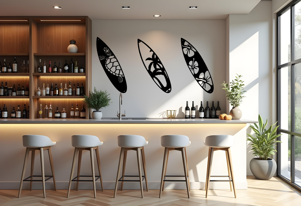 Metal wall art set featuring three surfboards with tropical and marine-themed cutouts, including a turtle, palm trees, and hibiscus flowers, finished in Night Sky Matt Black powder coating, mounted on a light wall in a modern home bar, adding a coastal and relaxed atmosphere.