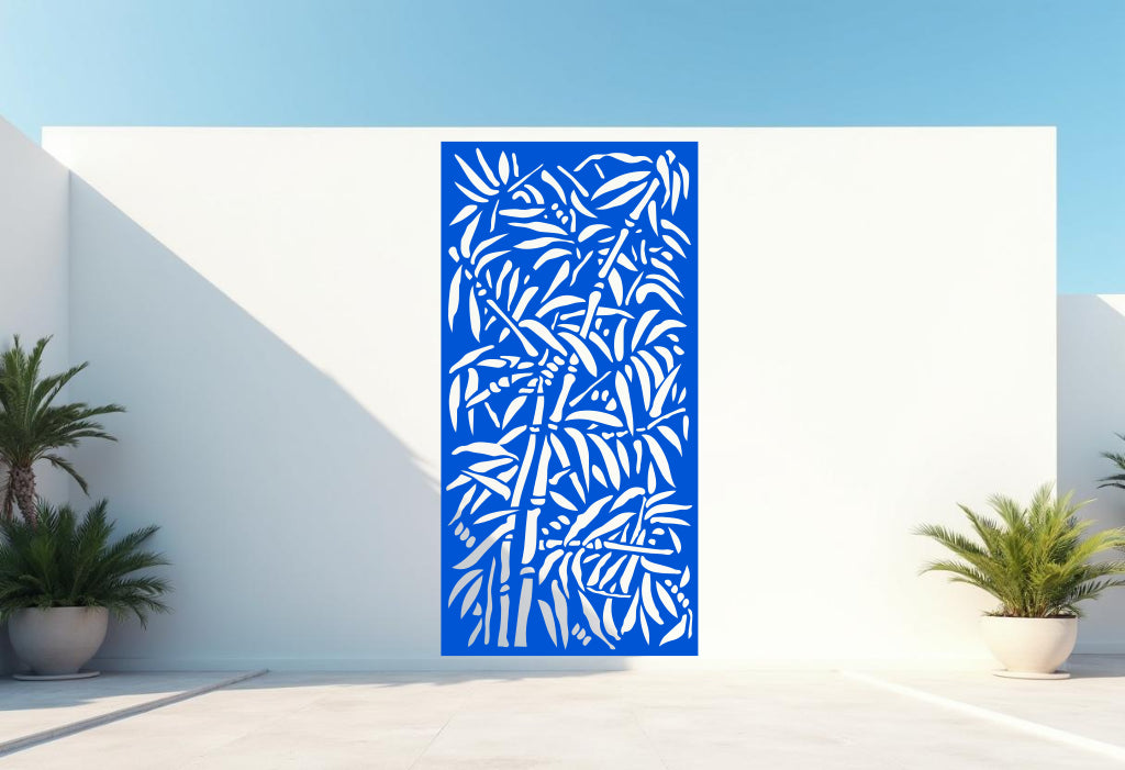 Bamboo Tangle privacy screen in Blaze Blue Gloss, adding a vibrant and energetic touch to outdoor spaces, with its detailed bamboo leaf design standing out in bold, modern settings