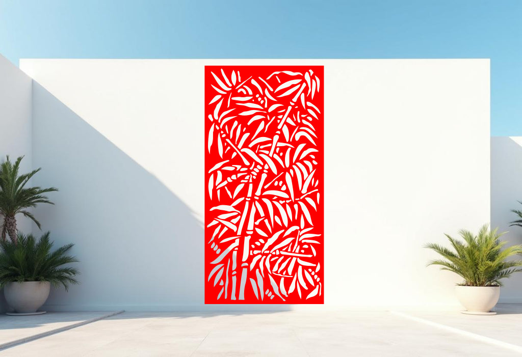 Bamboo Tangle privacy screen in Signal Red, a striking and eye-catching color that adds a pop of intensity to garden decor, enhancing the bamboo silhouette.