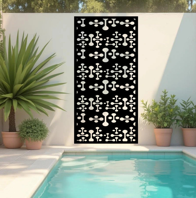 Modern Tech Fusion metal privacy screen in Black, featuring a futuristic geometric pattern perfect for enhancing contemporary outdoor and indoor spaces.