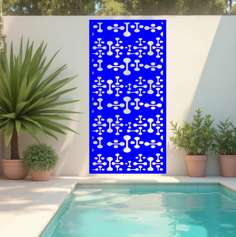 Vibrant Tech Fusion metal privacy screen in Blaze Blue Gloss, blending a bold color with a dynamic geometric design for a standout feature.