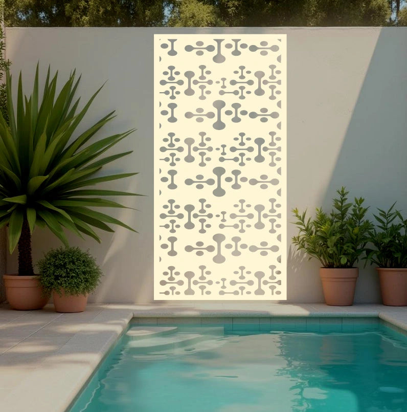 Stylish Tech Fusion metal privacy screen in Canola Cream, blending warm tones with a cutting-edge design to enhance any outdoor setting.