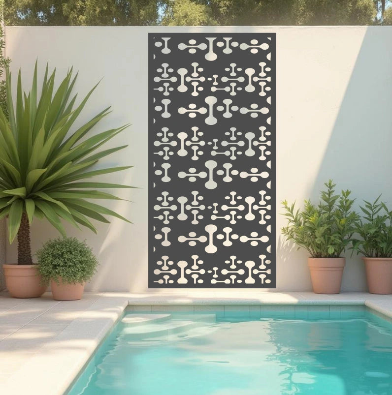 Contemporary Tech Fusion metal privacy screen in Berry Grey Gloss, providing a sleek and stylish addition to modern outdoor living spaces.