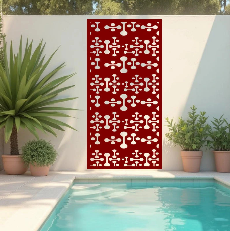 Bold Tech Fusion metal privacy screen in Manor Red, offering a vibrant geometric pattern that makes a striking statement in any space.