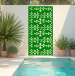 Nature-inspired Tech Fusion metal privacy screen in Mistletoe, with an earthy green shade that complements lush garden surroundings.