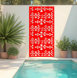 Eye-catching Tech Fusion metal privacy screen in Signal Red, combining a bright hue with a futuristic geometric pattern for a bold statement.