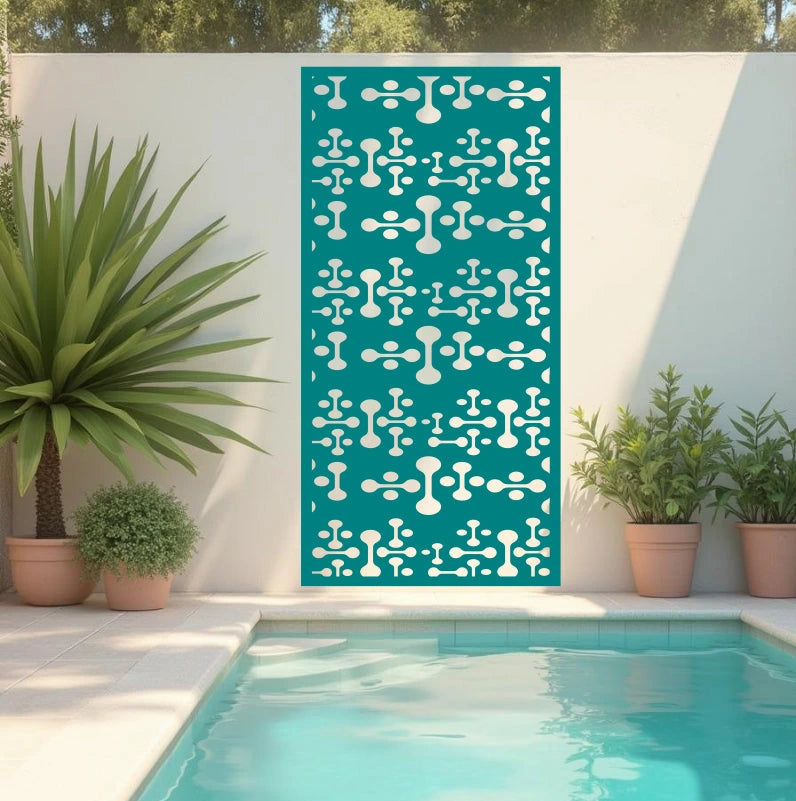 Elegant Tech Fusion metal privacy screen in Wedgwood Satin, adding a soft and sophisticated touch with its unique pattern and color.