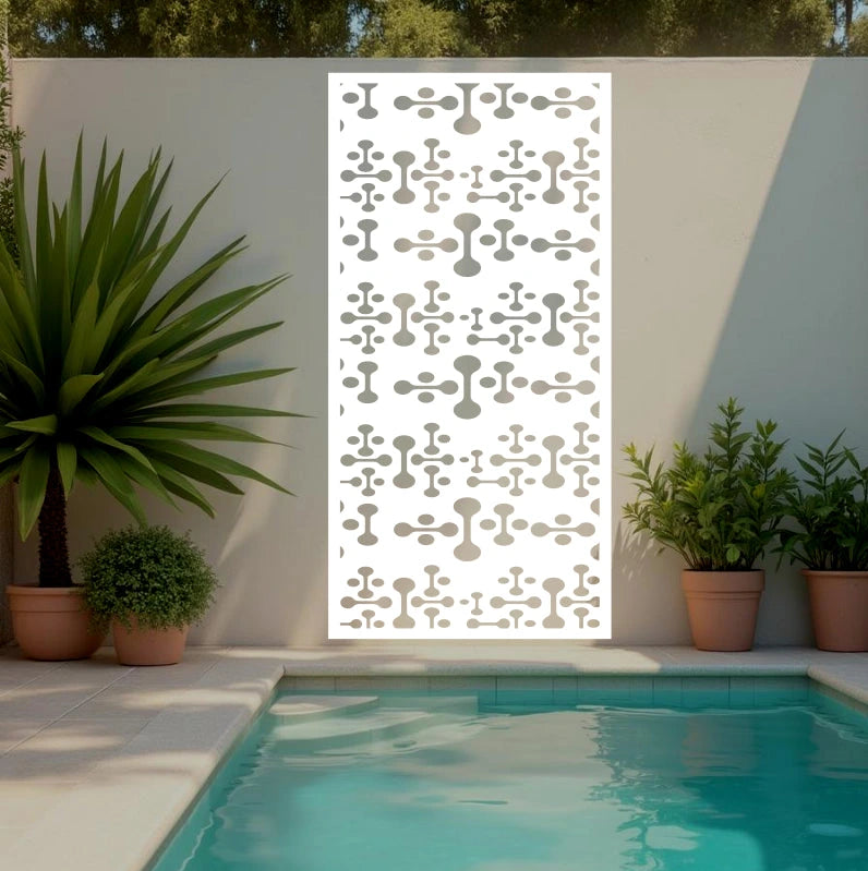 Elegant Tech Fusion metal privacy screen in Bright White Gloss, with a clean and sophisticated geometric design ideal for modern home and garden décor.