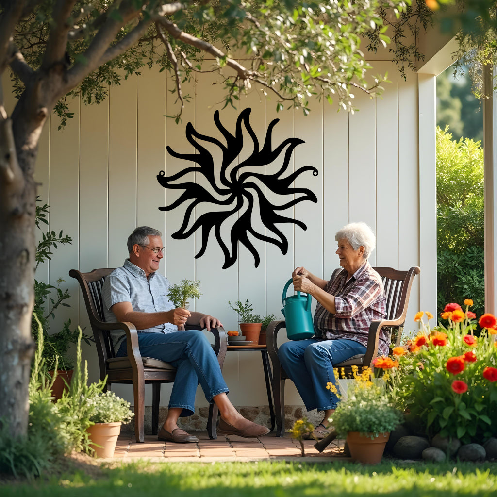 Twilight Radiance metal wall art in Night Sky Matt Black, showcasing an elegant swirling sunburst design that adds striking visual appeal to any outdoor or indoor space.