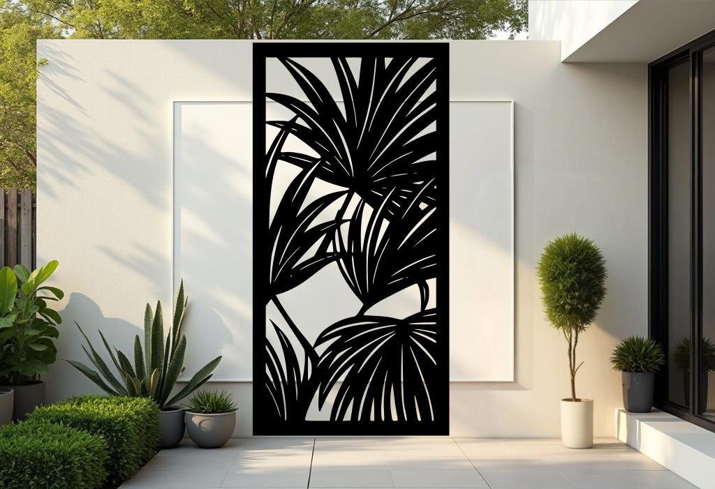 Oasis Veil privacy screen in Night Sky Matt Black, featuring elegant palm leaf patterns to enhance your outdoor spaces, providing both style and privacy for patios, gardens, and courtyards.