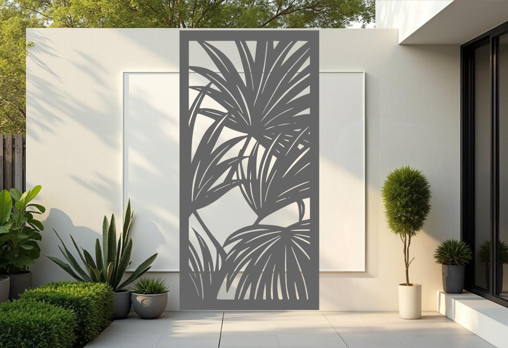 Oasis Veil privacy screen in Berry Grey Gloss, offering a modern twist on tropical design with its sophisticated grey finish, bringing both privacy and a sleek, contemporary look to your outdoor area.