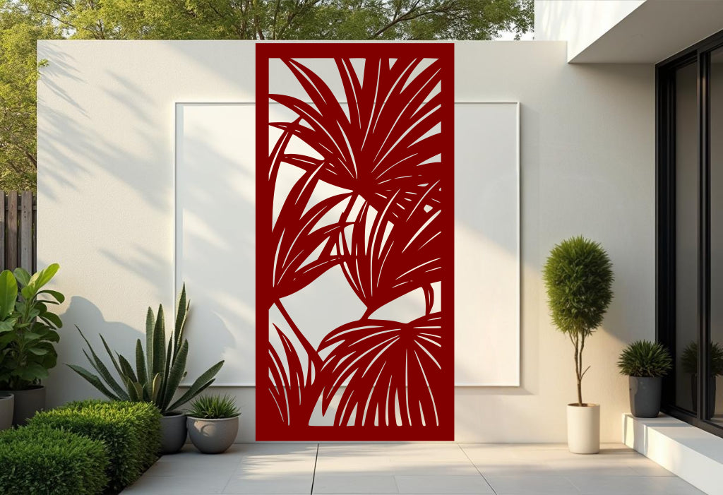 Oasis Veil privacy screen in Manor Red, combining a rich red finish with lush tropical leaf patterns, making a vibrant statement in your outdoor space, ideal for privacy and decoration.