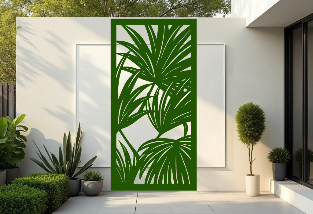 Oasis Veil privacy screen in Mistletoe, with fresh, nature-inspired palm leaf patterns in a lush green finish, perfect for creating serene outdoor spaces while providing privacy.