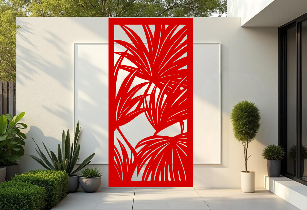 Oasis Veil privacy screen in Signal Red, with striking tropical leaf motifs in a bold red hue, perfect for adding a lively splash of color and privacy to any garden or patio.