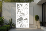 Oasis Veil privacy screen in Bright White Gloss, with a bold tropical leaf design that brightens and complements outdoor areas while adding a stylish privacy element for patios and gardens.