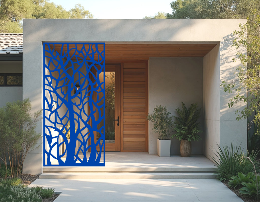 Metal privacy screen titled 'Wilderness Weave,' with detailed interwoven branches, finished in Blaze Blue Gloss. The bold blue hue brings vibrant charm to the modern entrance.